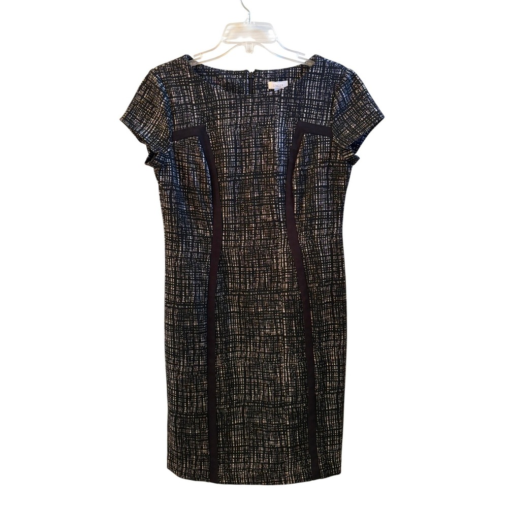 Chicos Black White Crosshatch Print Sheath Dress Size 0.5 Small Short Sleeve